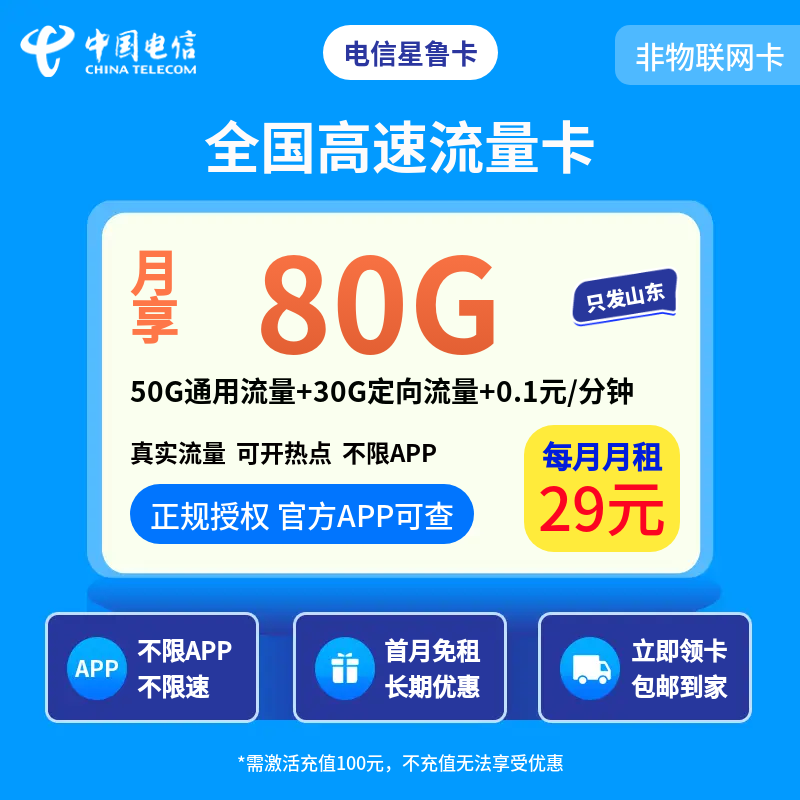电信星鲁卡29元80G+0.1元/分钟【只发山东】
