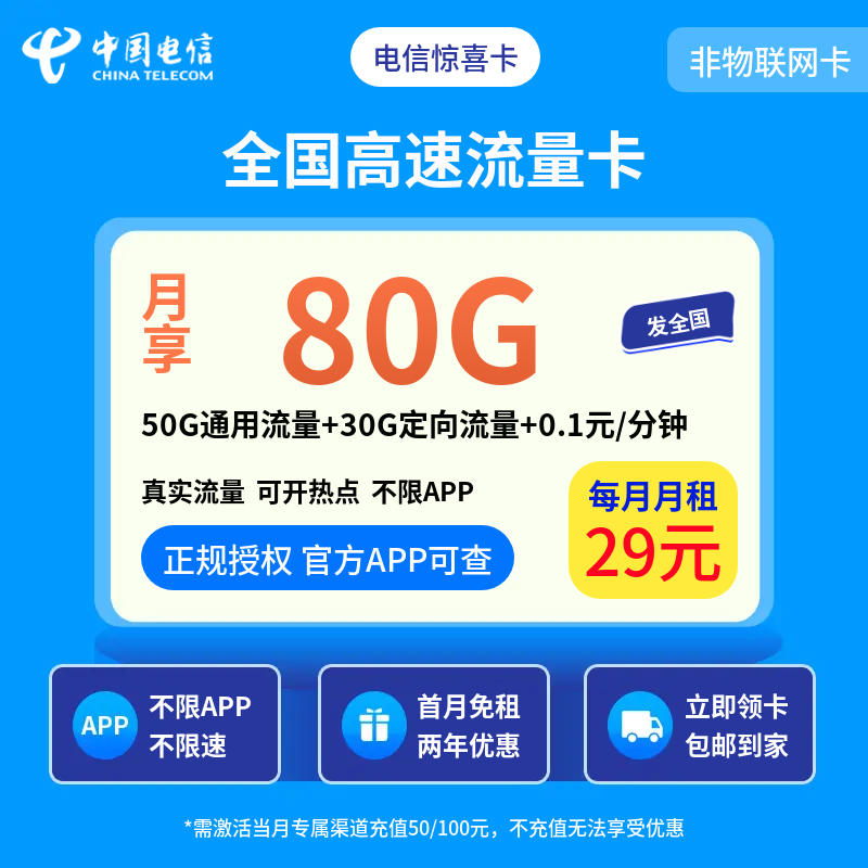 电信惊喜卡29元80G+0.1元/分钟【发全国】