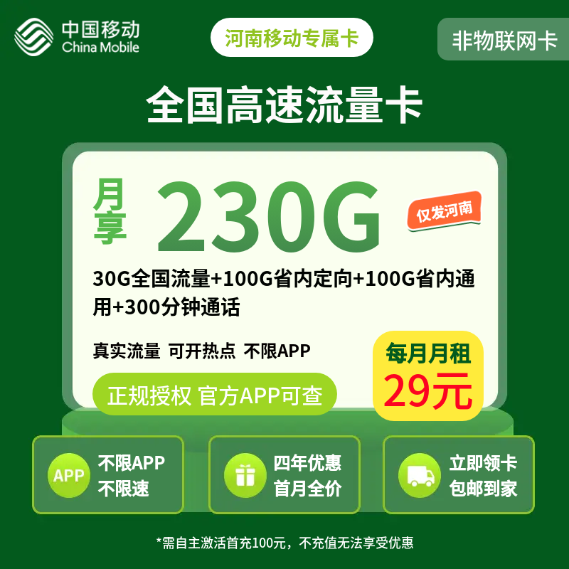 河南移动专属卡29元230G+300分钟【只发河南】