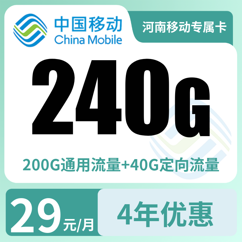 河南移动专属卡29元240G+300分钟【只发河南】