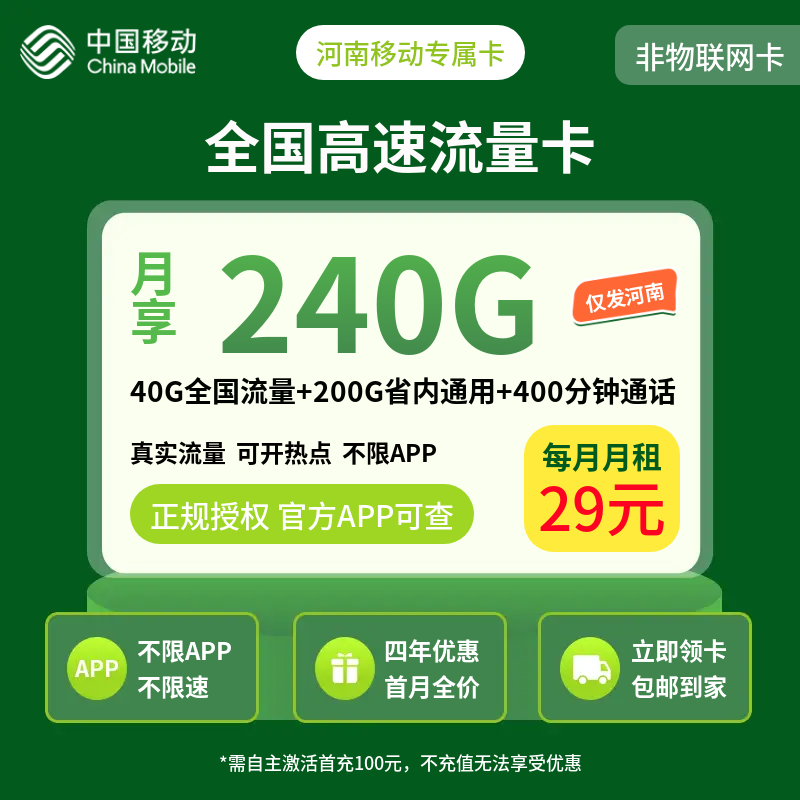 河南移动专属卡29元240G+300分钟【只发河南】