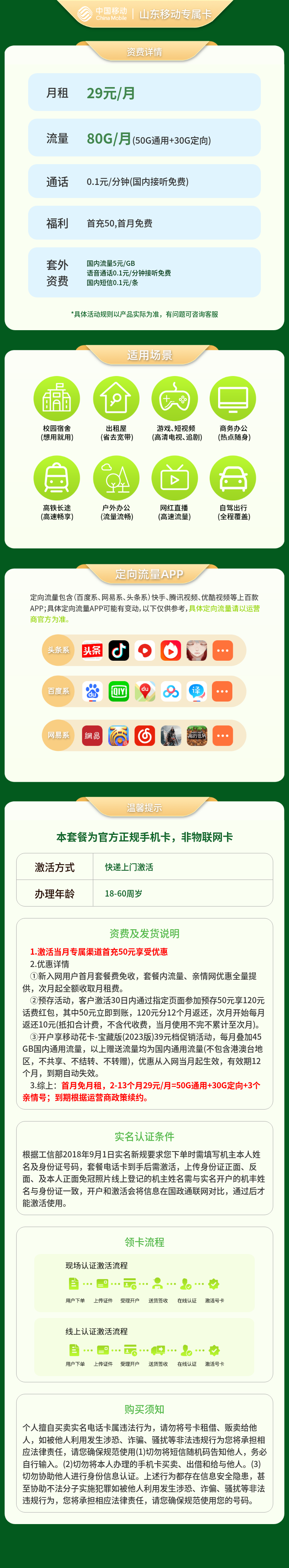 山东移动专属卡29元80G【只发山东】套餐详情图