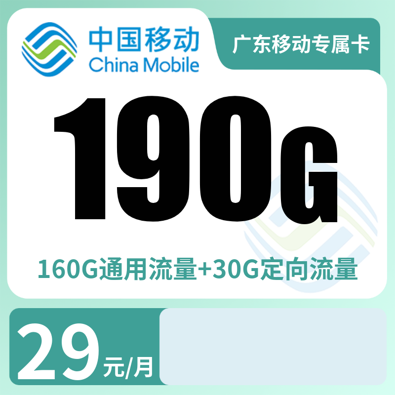 广东移动专属卡29元190G+100分钟【只发广东】