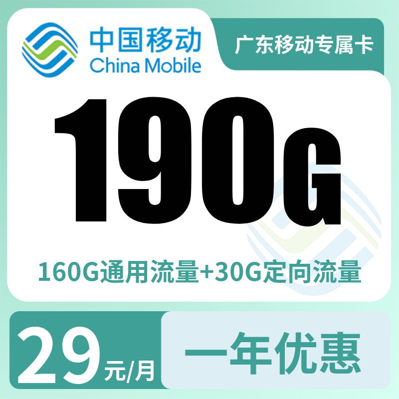 广东移动专属卡29元190G+100分钟【只发广东】