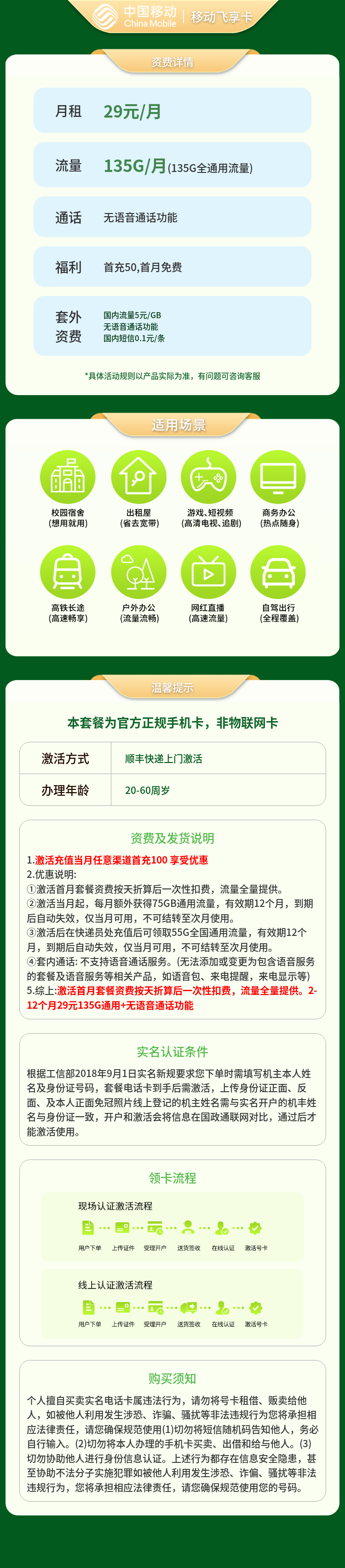 移动飞享卡29元135G无语音【发全国】套餐详情图