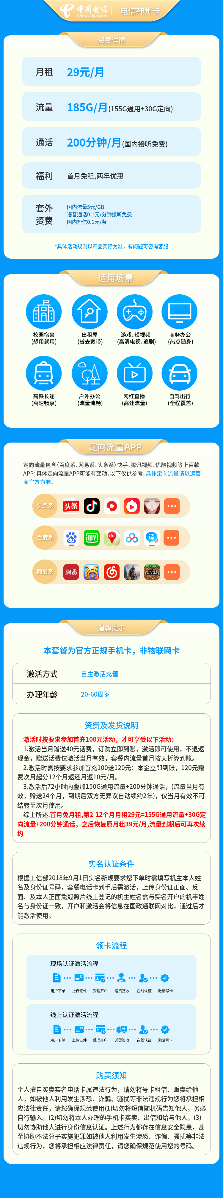 电信神州卡29元185G+200分钟【发全国】套餐详情图