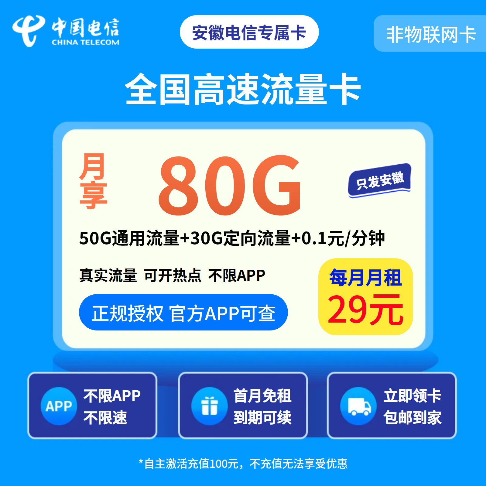 安徽电信专属卡29元80G【只发安徽】