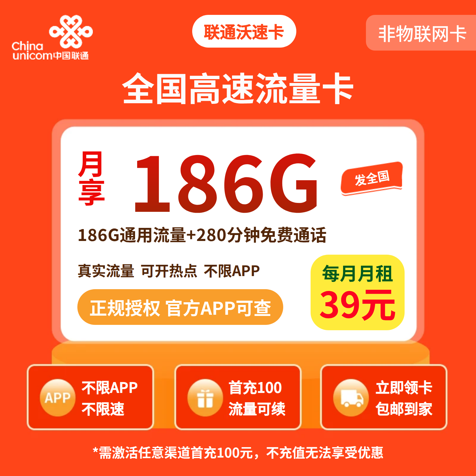 联通沃速卡39元186G+280分钟【发全国】先激活后发货