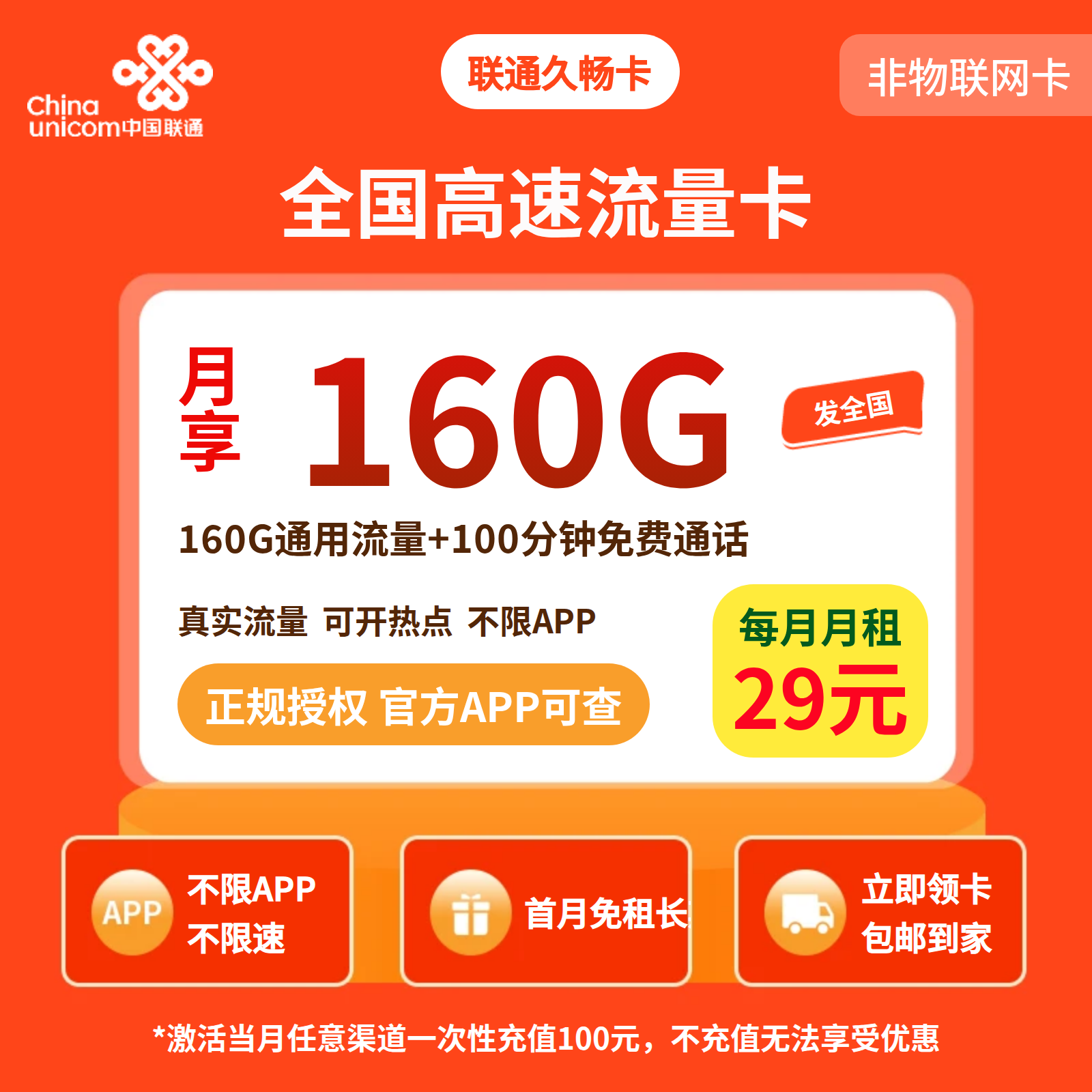 联通久畅卡29元160G+100分钟【发全国】先激活充值后发货