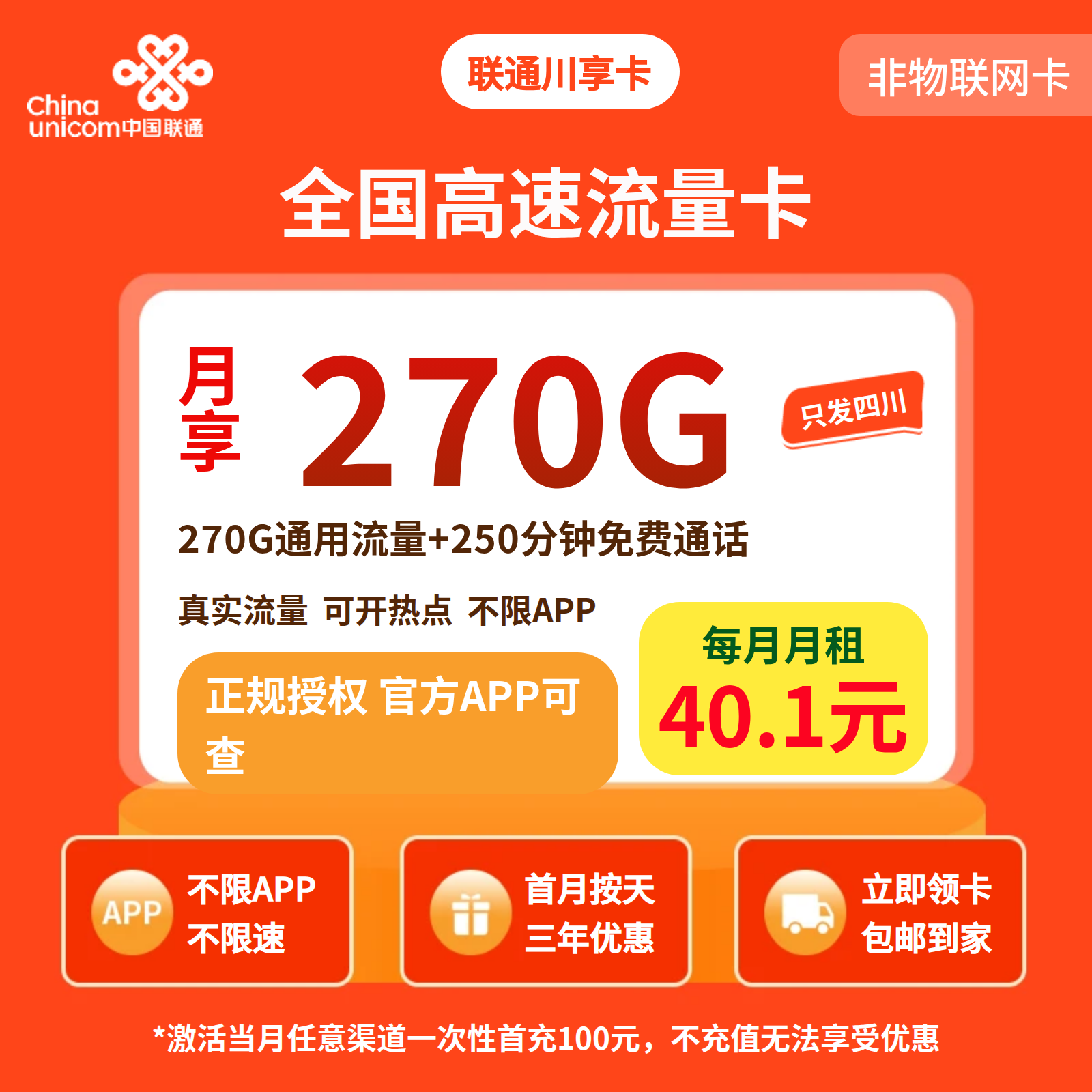 联通川享卡40.1元270G+250分钟【只发四川】