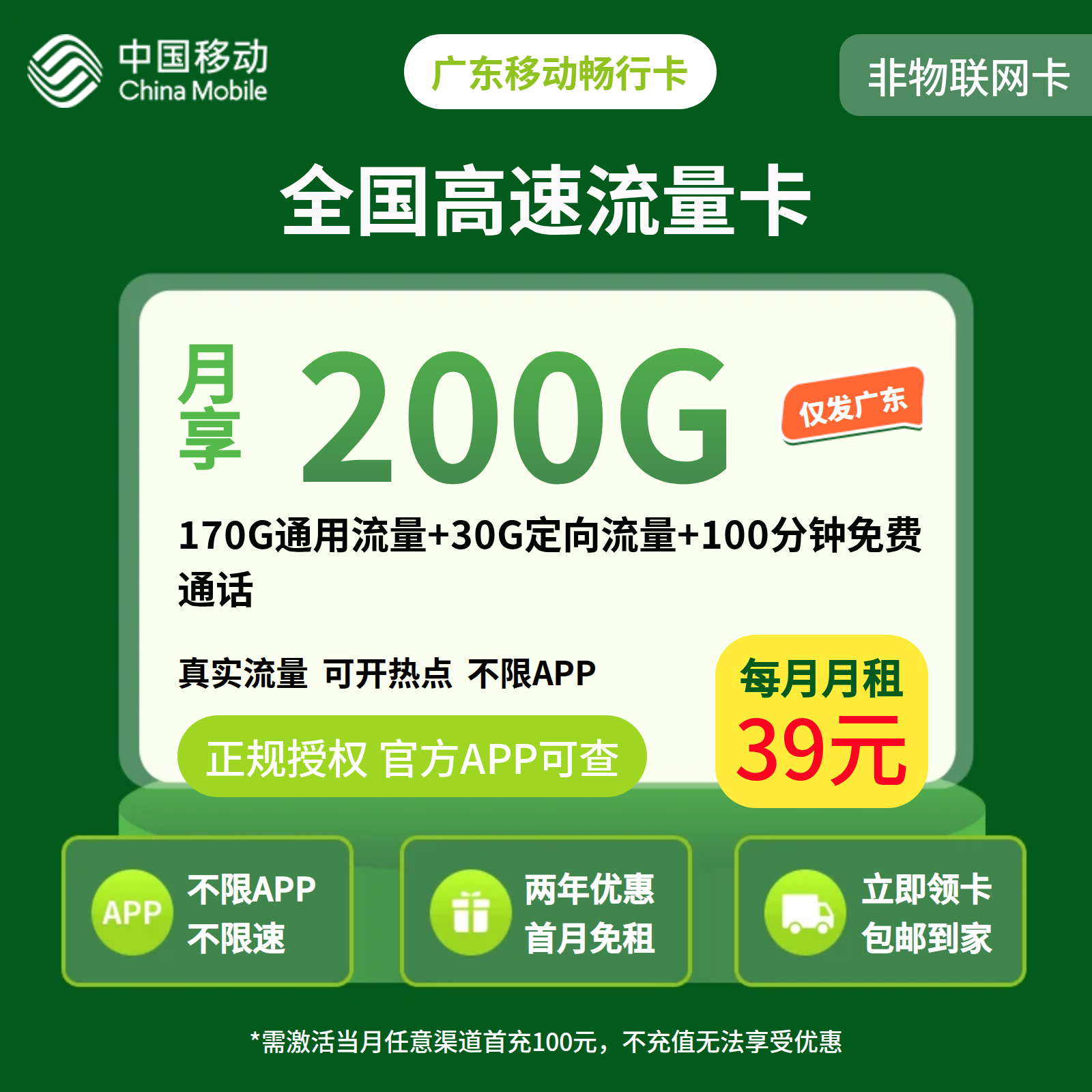 GY移动畅行卡39元160G-210G+100分钟【只发广东】