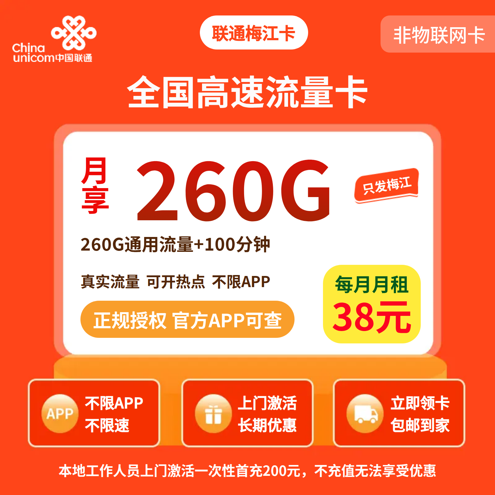 联通梅江卡38元260G +100分钟【只发广东梅州】【发省内】