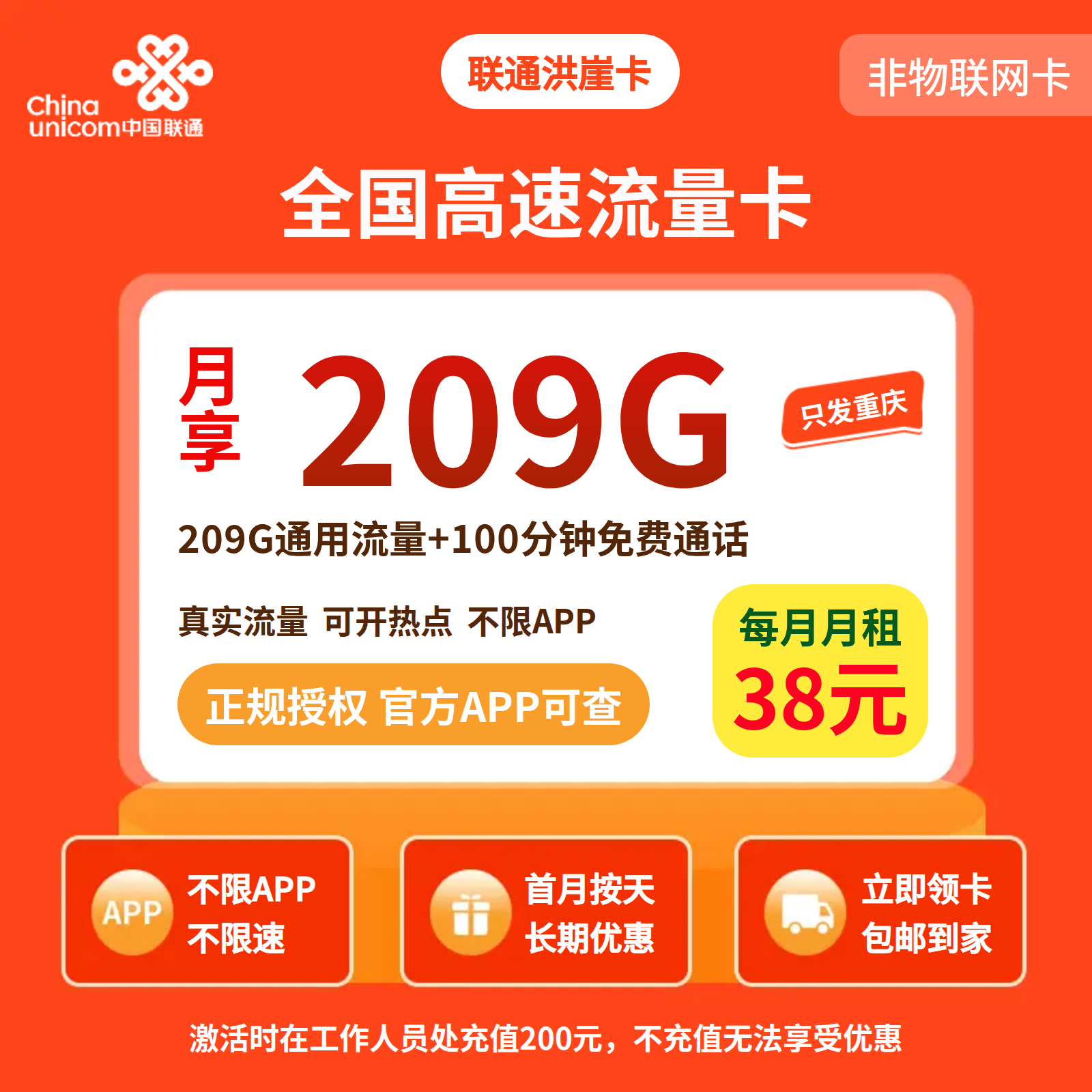 联通洪崖卡38元209G+200分钟【只发重庆】