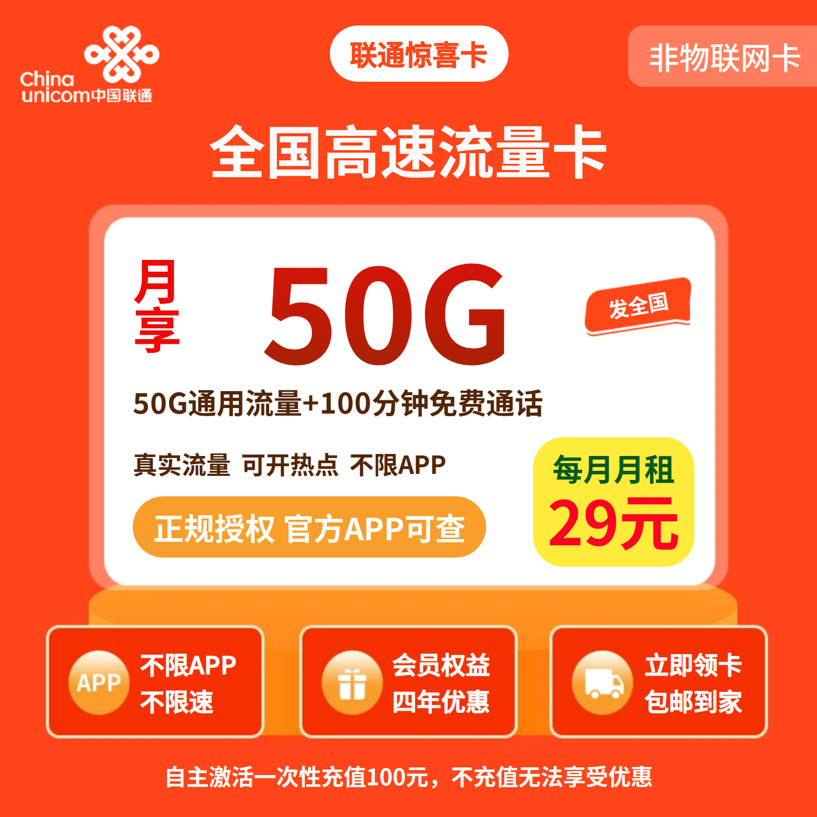 联通惊喜卡29元50G通用+100分钟+会员N选1【发全国】激活有惊喜 