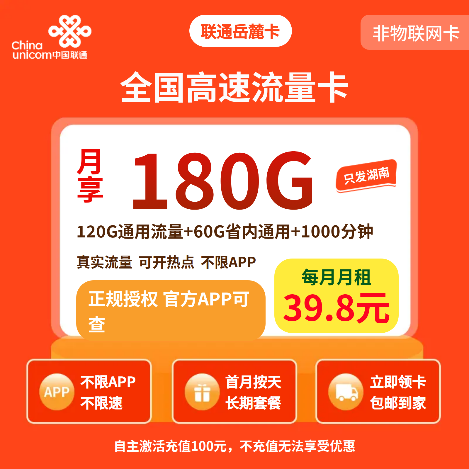 联通岳麓卡39.8元180G+1000分钟【只发湖南】