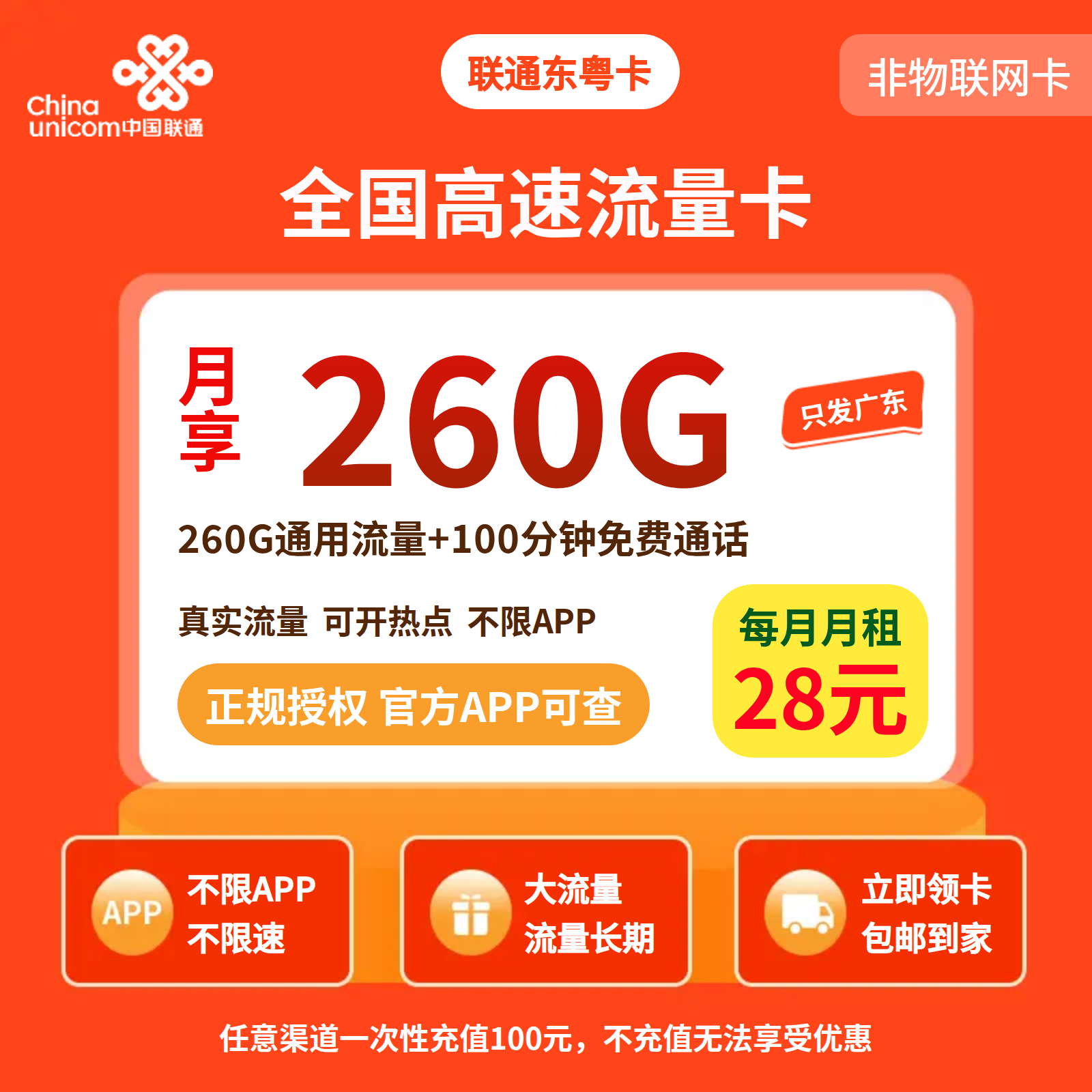 联通东粤卡28元260G流量+100分钟【只发广东】
