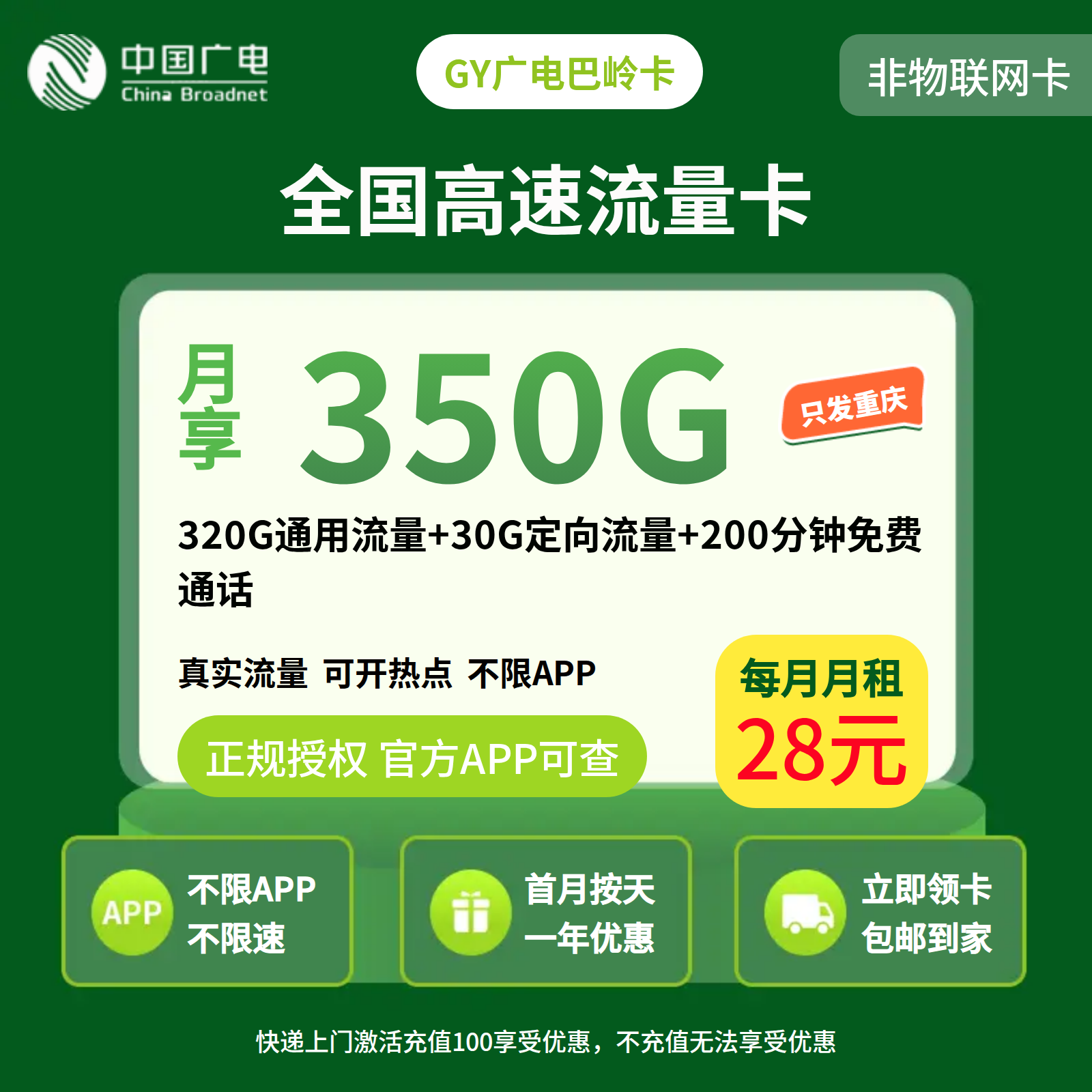 GY广电巴岭卡28元350G+200分【只发重庆】