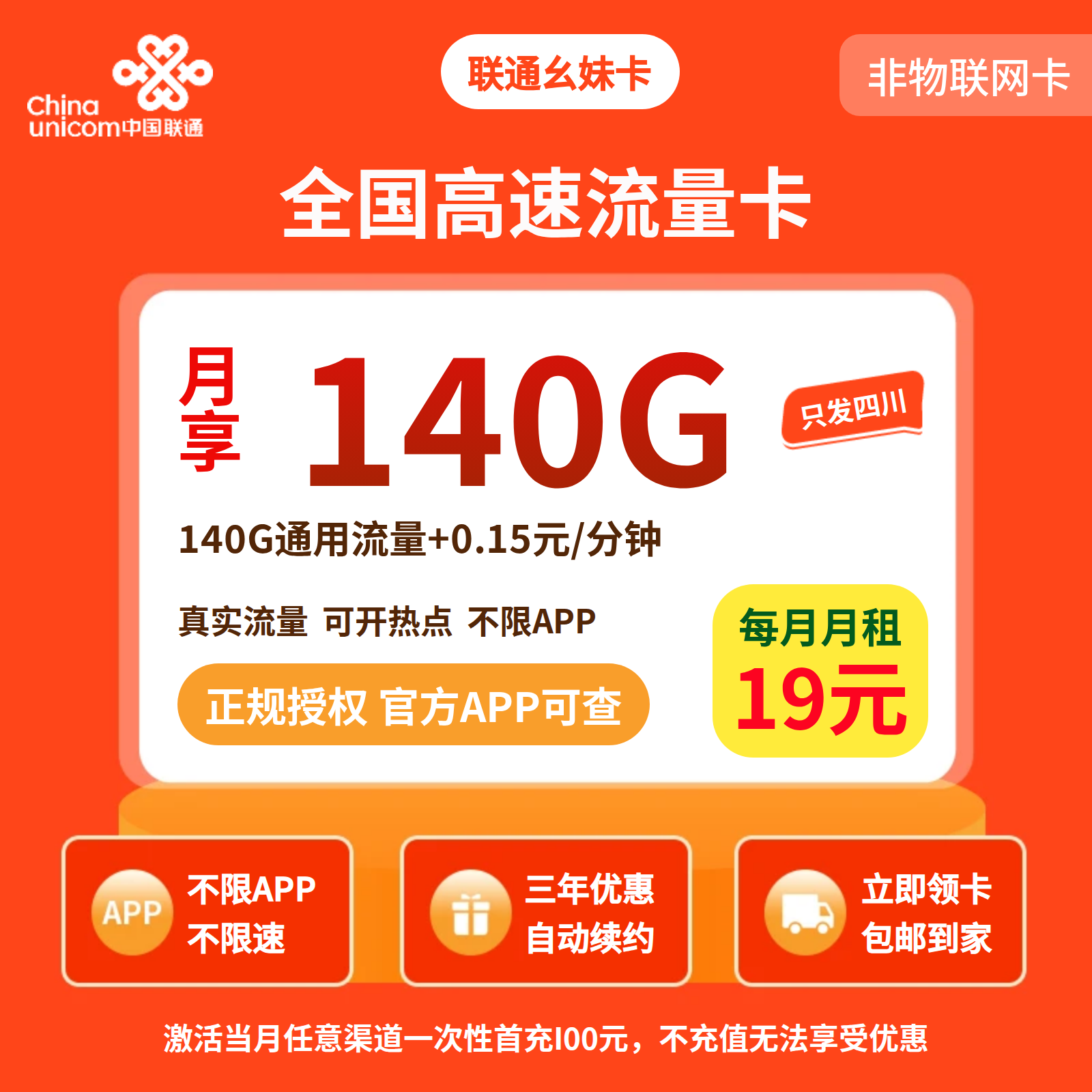 联通幺妹卡19元140G+0.15元/分钟【仅发四川】