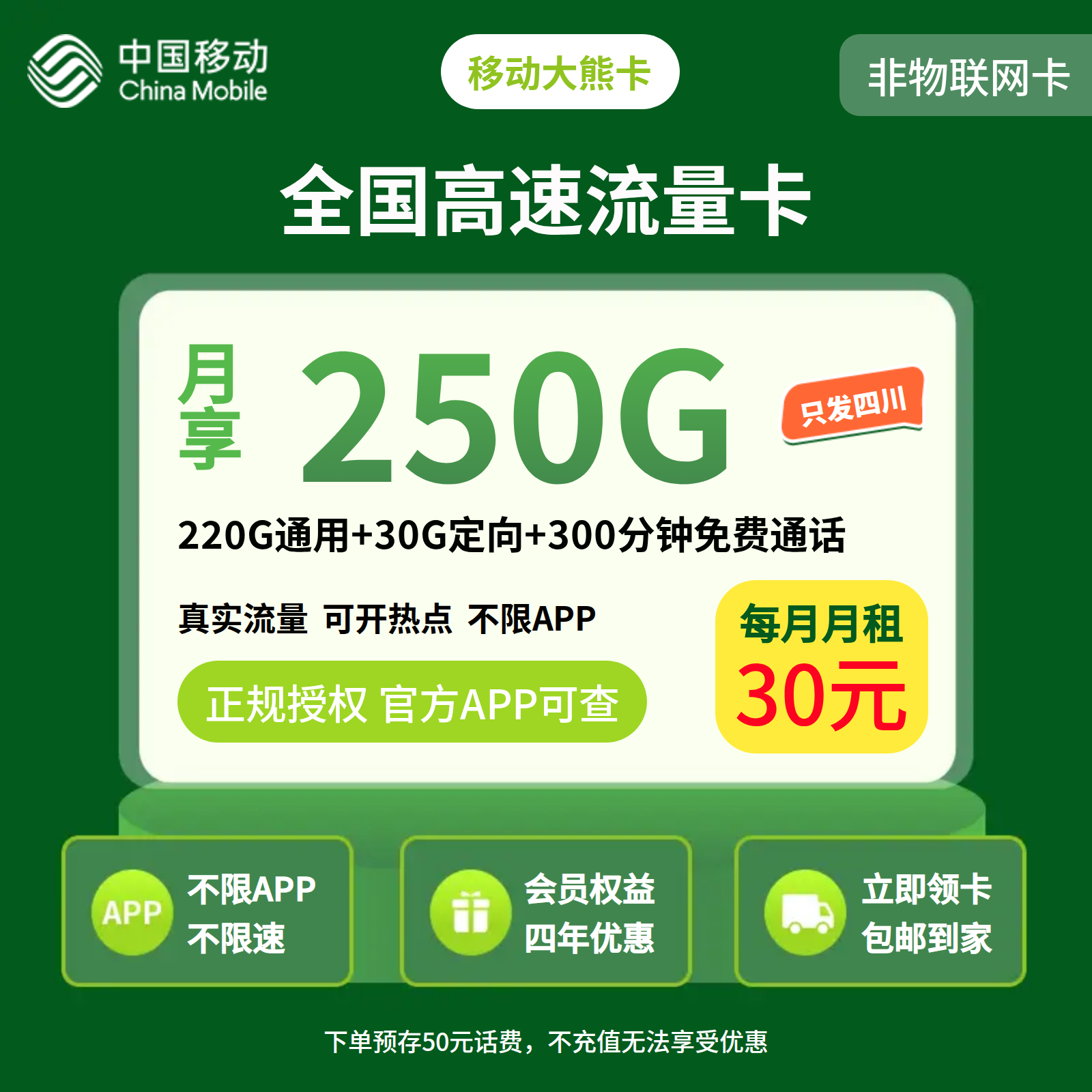 移动大熊卡30元250G+300分钟+会员权益【仅发四川】预存发货