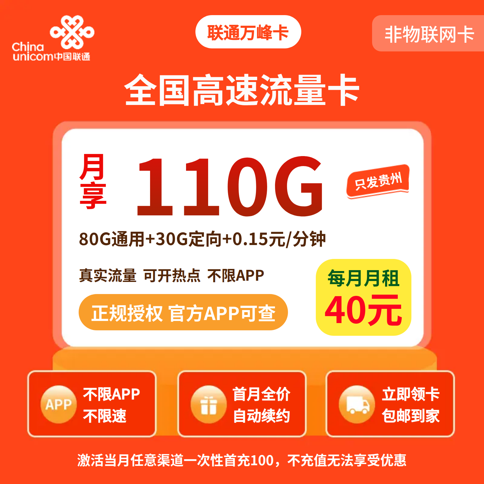联通万峰卡40元110G+0.15元/分钟【只发贵州】三证下单