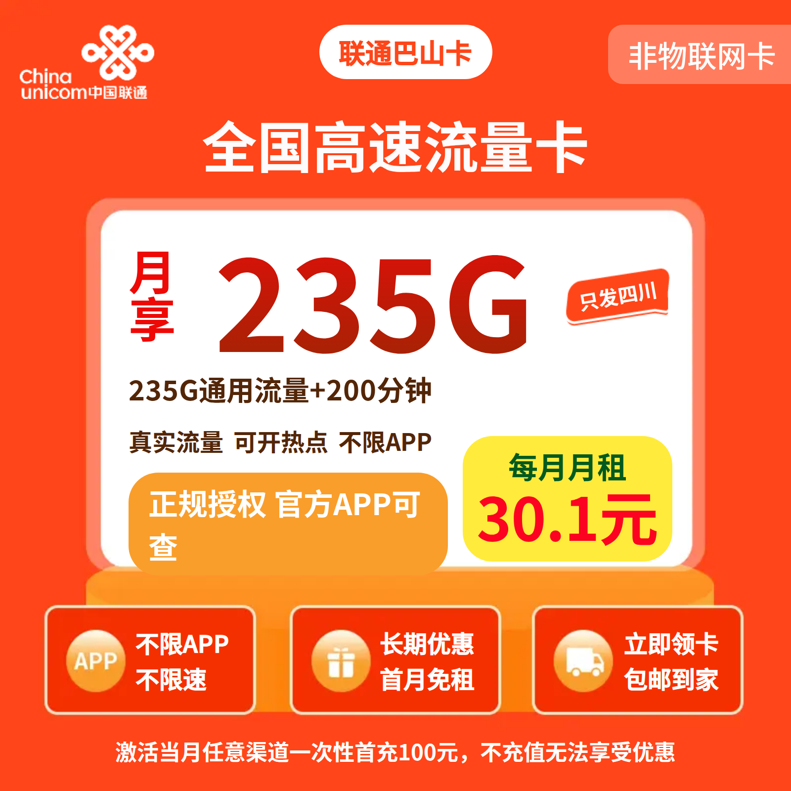 联通巴山卡30.1元235G+200分钟【仅发四川】